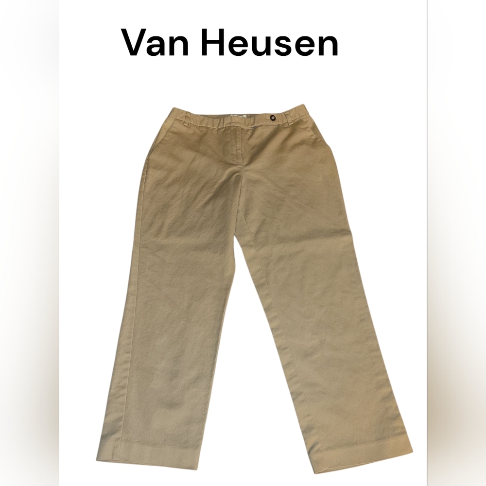 VAN HEUSEN Stretch Cropped Pants, Flat Front Capri, 8, Khaki, VGUC
